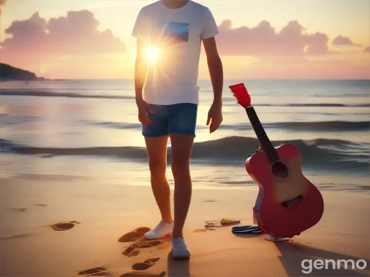 A man holding a red box guitar walking on a beach, cloth, white T-shirt and a jeans short