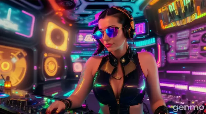 A slender woman with a bigger bust than usual in steampunk sunglasses, shiny headphones and a low-cut latex swimsuit stands near a DJ's mixing console and an electric piano in a steampunk club. A minimum of clothes. Laser beams of bright colors on the background of large television screens.