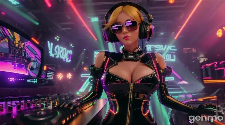 A slender woman with a bigger bust than usual in steampunk sunglasses, shiny headphones and a low-cut latex swimsuit stands near a DJ's mixing console and an electric piano in a steampunk club. A minimum of clothes. Laser beams of bright colors on the background of large television screens.