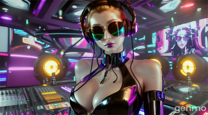 A slender woman with a bigger bust than usual in steampunk sunglasses, shiny headphones and a low-cut latex swimsuit stands near a DJ's mixing console and an electric piano in a steampunk club. A minimum of clothes. Laser beams of bright colors on the background of large television screens.