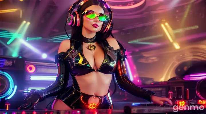 A slender woman with a bigger bust than usual in steampunk sunglasses, shiny headphones and a low-cut latex swimsuit stands near a DJ's mixing console and an electric piano in a steampunk club. A minimum of clothes. Laser beams of bright colors on the background of large television screens.