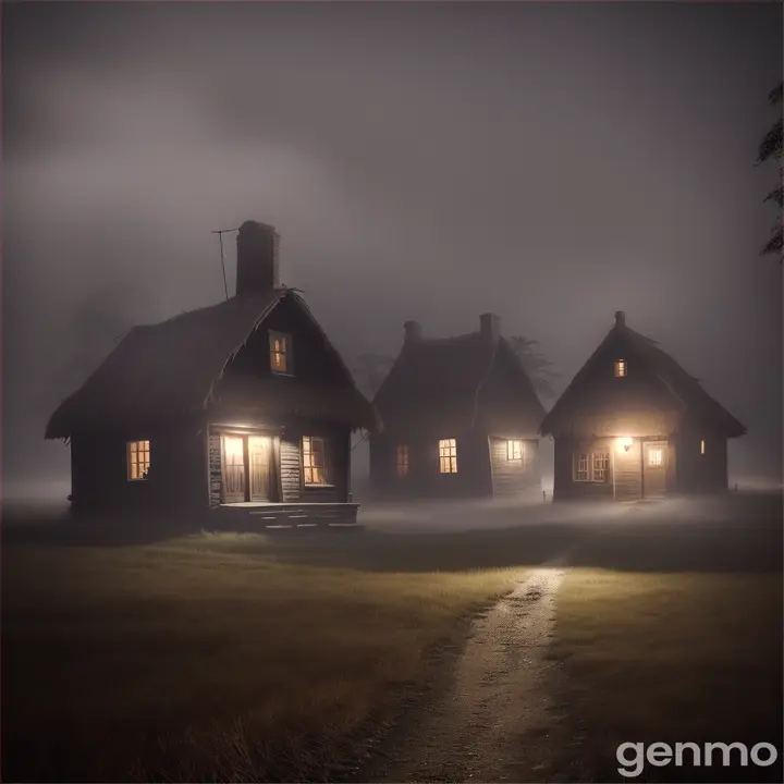 **Mysterious Village Covered in Fog:**
   - An old, rural village at night, shrouded in a dense, eerie fog. The fog seems almost alive, with swirling patterns that give an impression of movement. The village huts are simple and made of wood and thatch, with dim lights barely visible through the mist. The scene is quiet and still, with an ancient well standing in the center of the village, partially obscured by the fog. The atmosphere should feel mysterious and slightly unsettling, with the fog giving an impression of something hidden.