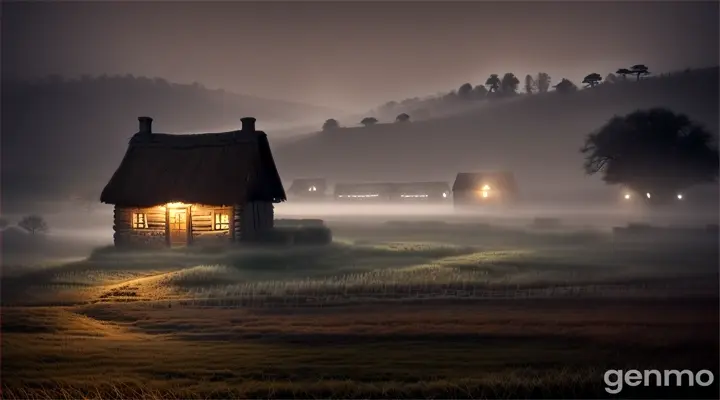 **Mysterious Village Covered in Fog:**
   - An old, rural village at night, shrouded in a dense, eerie fog. The fog seems almost alive, with swirling patterns that give an impression of movement. The village huts are simple and made of wood and thatch, with dim lights barely visible through the mist. The scene is quiet and still, with an ancient well standing in the center of the village, partially obscured by the fog. The atmosphere should feel mysterious and slightly unsettling, with the fog giving an impression of something hidden.