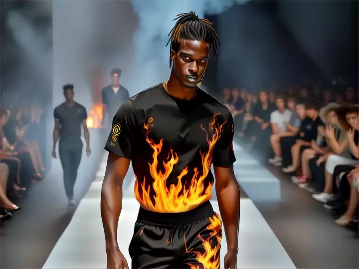 Male model working on the fashion show make the fire on his clothes move , advertising style