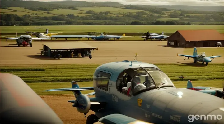 Abertura: A câmera faz um zoom-in em uma pequena base de aviação, situada em uma área rural. Aviões antigos estão estacionados ao redor, e vemos pequenos animais correndo pelos campos ao fundo. A música é alegre e convidativa