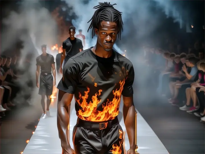 Male model working on the fashion show make the fire on his clothes move. Don’t change his figure or face , advertising style