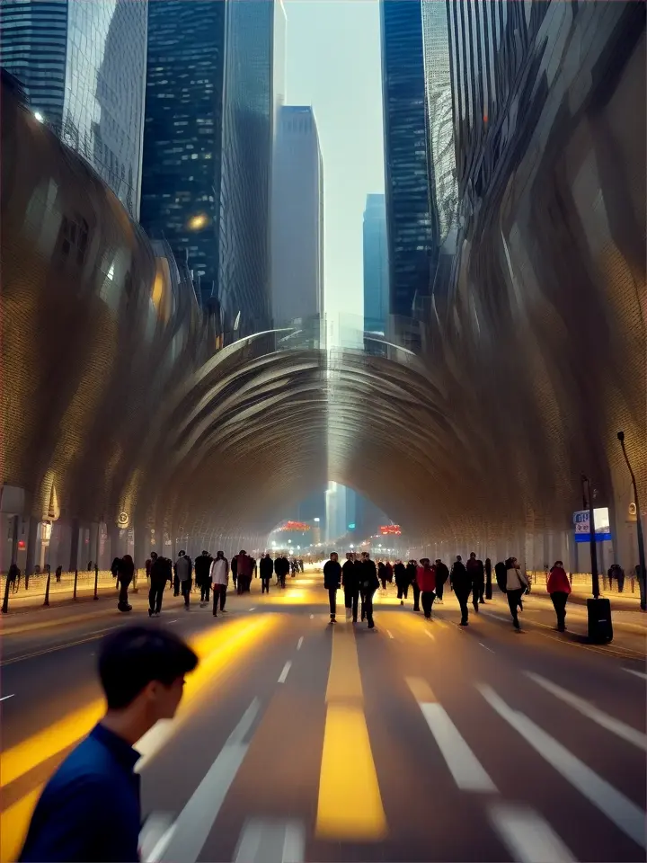 In the heart of a bustling city, the streets are alive with the hustle and bustle of daily life, as commuters rush to and fro with single-minded determination, their footsteps echoing off the towering skyscrapers that loom overhead., advertising style