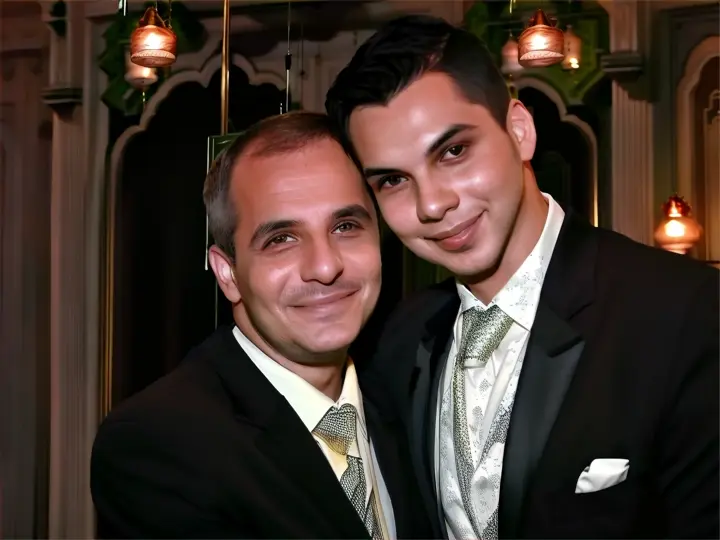 o homem emocionado sorri e olha para o jovem que abre os bra�os e d� um abra�o, advertising style