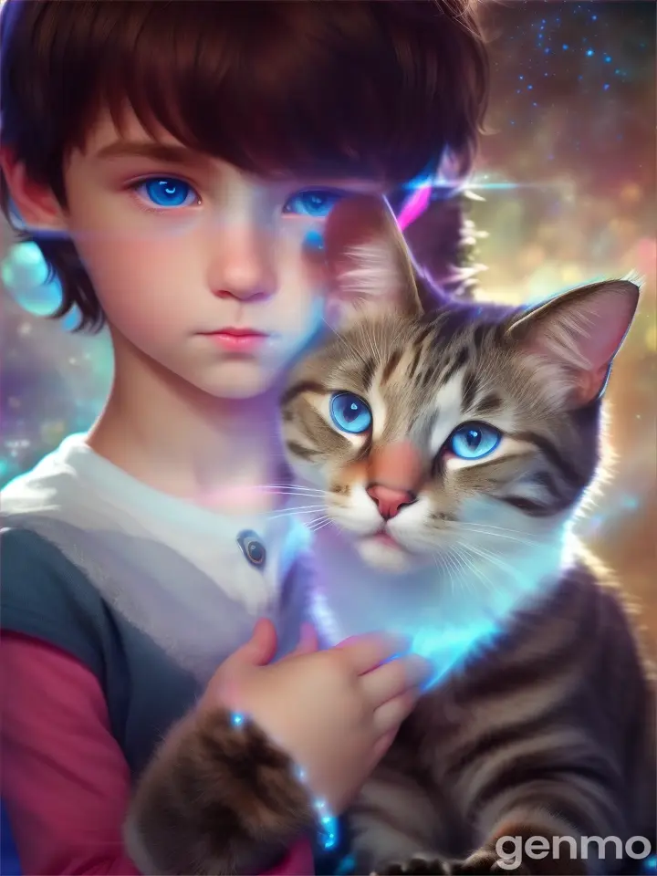 A boy with a glowing heart and blue, pink and white eyes petting a cat