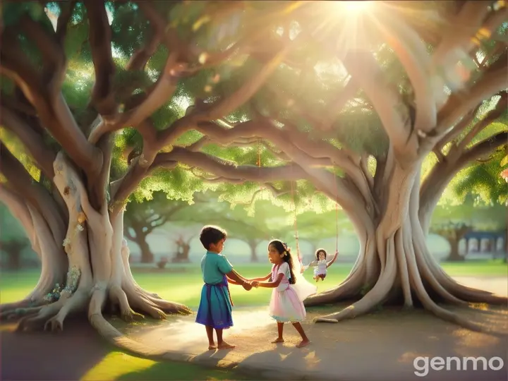 Radha and Mohan as children, playing together near a large banyan tree with swings hanging from its branches, laughing and smiling.