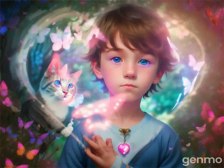 A boy with a glowing heart and blue, pink and white eyes petting a cat