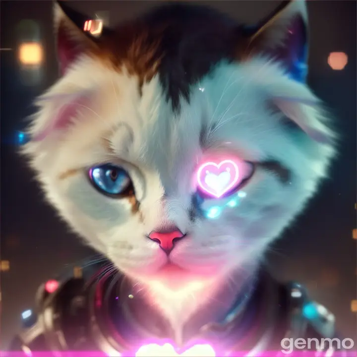 A boy with a glowing heart and blue, pink and white eyes petting a cat