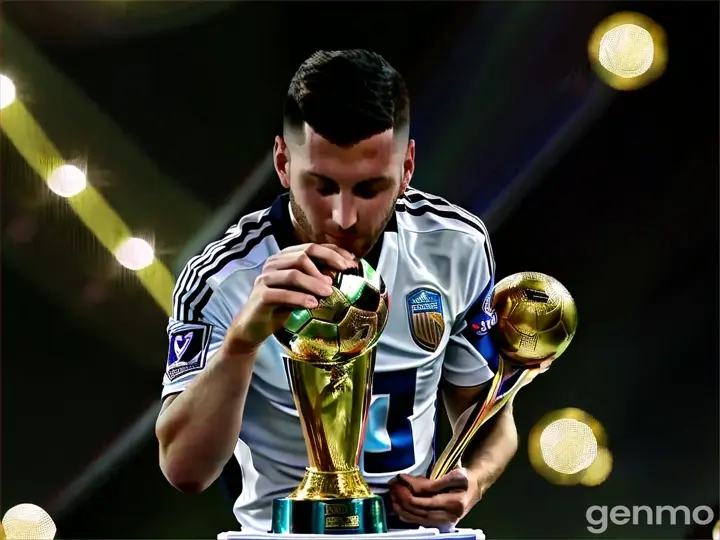 a man holding a soccer ball and a trophy