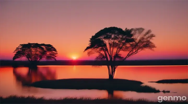 A view of the Uruguayan countryside at sunset, with silhouette of trees and orange/pink hues reflected on water