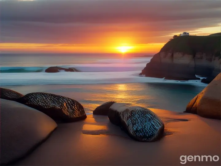 Uruguay sunset over a whale's tail-shaped rock formation in the ocean