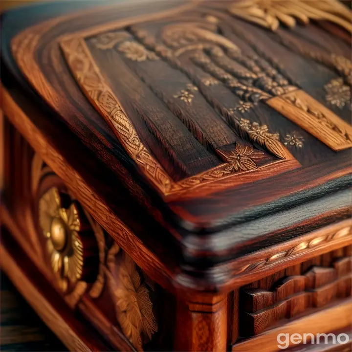 Artisan jewelry box with intricate carvings, woodburning on mahogany, showcasing fine detail and craftsmanship