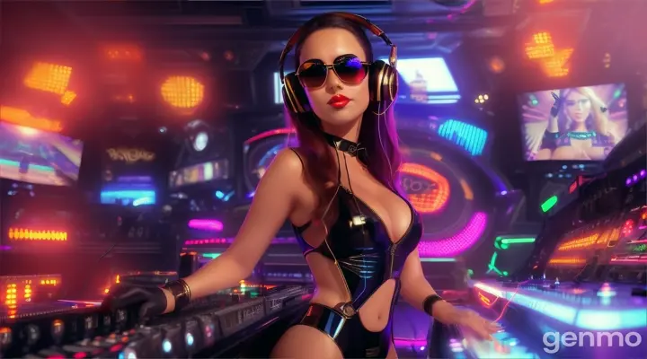 A slender woman with a bigger bust than usual in steampunk sunglasses, shiny headphones and a low-cut latex swimsuit stands near a DJ's mixing console and an electric piano in a steampunk club. A minimum of clothes. Laser beams of bright colors on the background of large television screens.