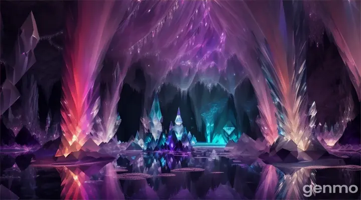 Crystal cave illuminated by luminous stones, sparkling reflections, fantasy illustration