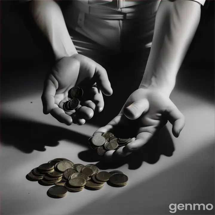 /imagine prompt: A pair of shadowy, mysterious hands clutching a pile of coins, with all the coins fading away into thin air, symbolizing loss. The setting is a dimly lit room, with a single beam of light highlighting the hands and the fading coins. The atmosphere is tense, with a sense of impending danger. Photographed by Mario Testino, using a Nikon D850 with a 50mm lens. 4K quality 
