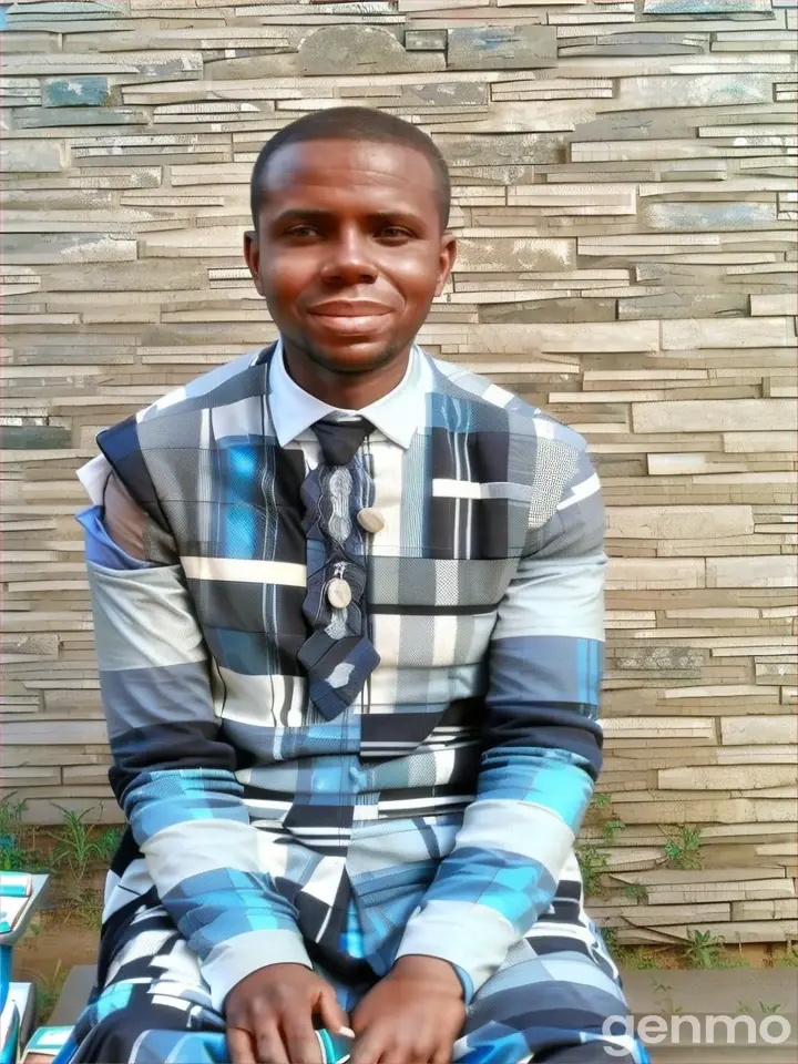 a man sitting on a bench in front of a brick wall smiling and wearing a wedding suit