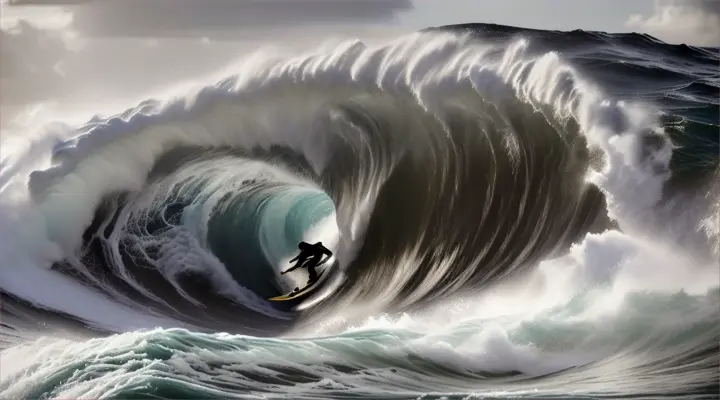 a men surfing in a tsunami wave