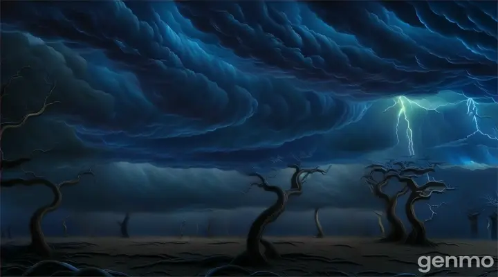 a painting of a storm with lightning in the sky