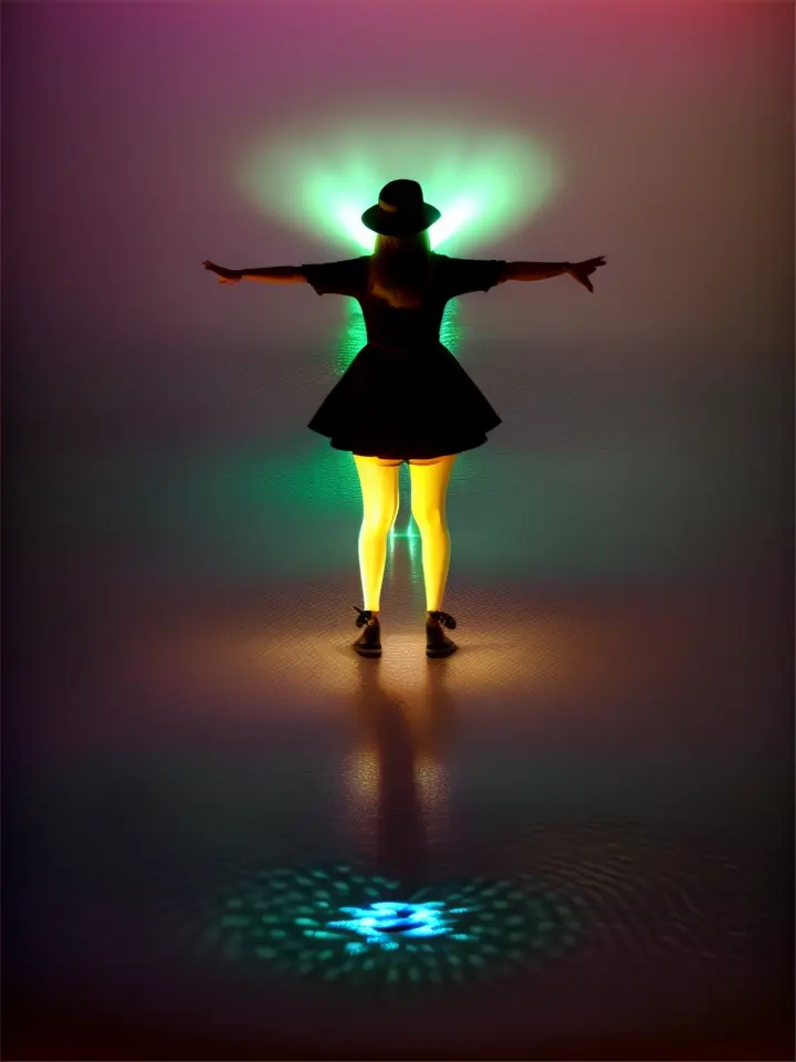 Lady dancing on bioluminescent ground. 