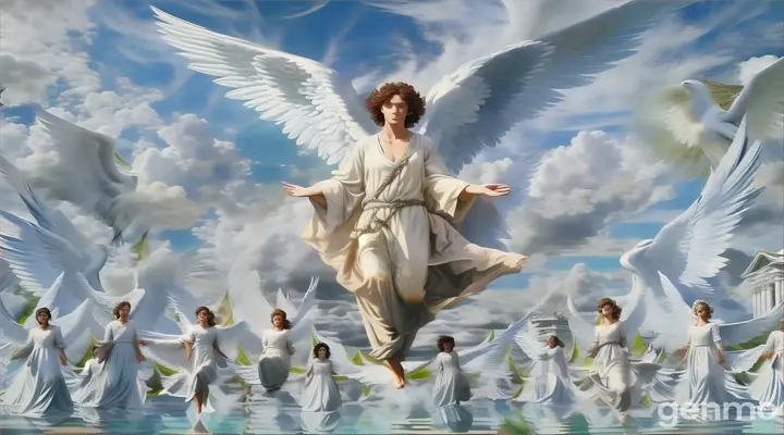 a woman in a white dress is surrounded by angels. shaking her head