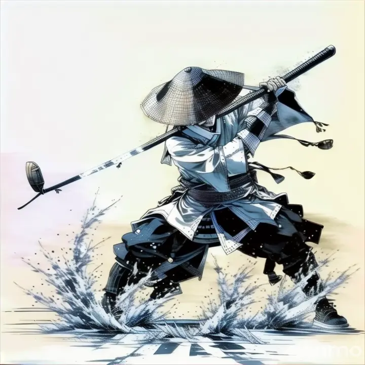 A samurai playing golf, ink painting style