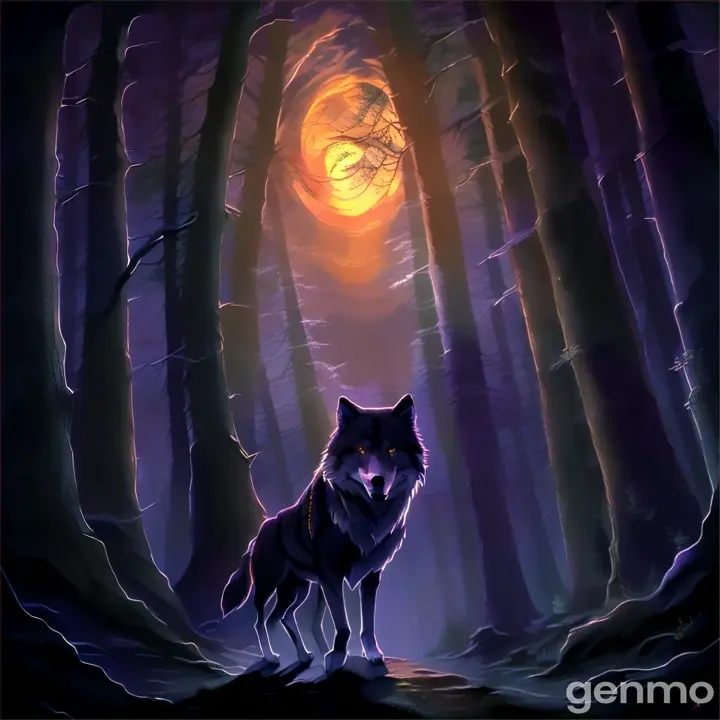 A dense, dark forest at dusk with the sun setting, casting an eerie orange and purple glow through the trees. The forest is thick with tall trees, their shadows stretching long across the ground. In the center of the scene, a lone wolf walks with a strong and proud demeanor, its fur catching the fading light. The atmosphere is both mystical and foreboding.