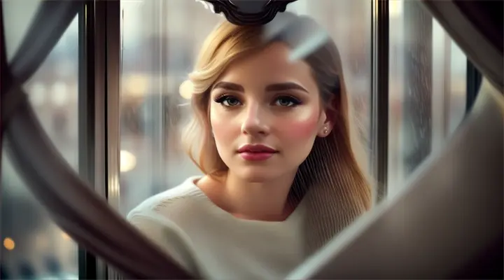 A beautiful woman by a rain-streaked window in a Parisian café, overlooking a cityscape