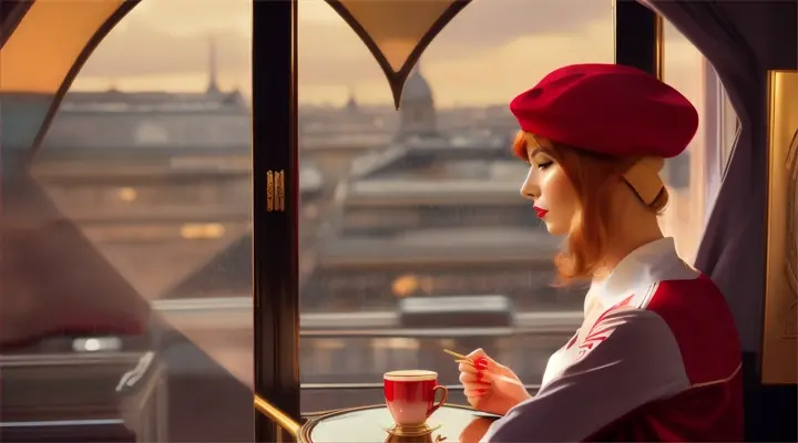 A beautiful woman by a rain-streaked window in a Parisian café, overlooking a cityscape