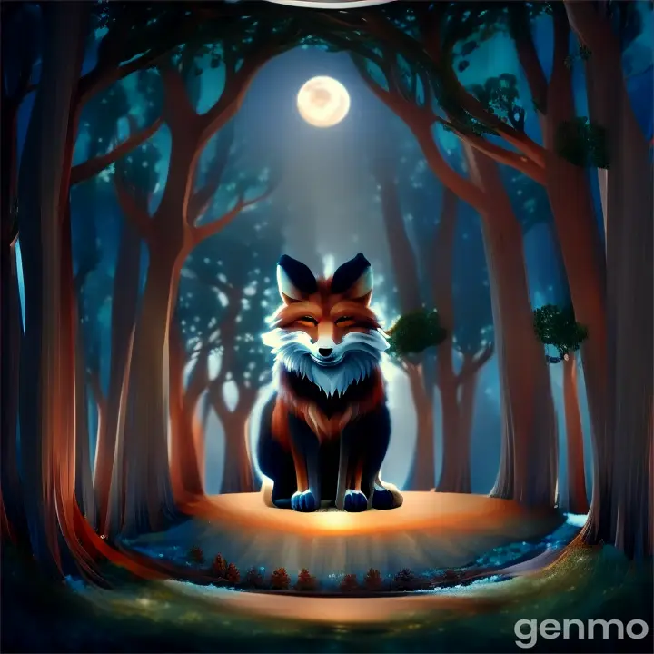 A hidden forest clearing under the dim light of the moon. In the center of the clearing, a cunning fox with a sly grin meets the wolf. The fox's fur is sleek and its eyes gleam with mischief. The wolf stands tall, looking thoughtful and conflicted as he listens. The trees around them create a secluded, almost secretive environment, with shadows deepening the tension.