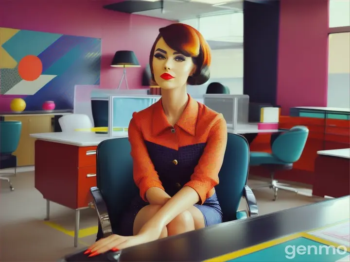 A beautiful employee is seated in a stylish, retro-pop office space with vibrant colors and bold patterns