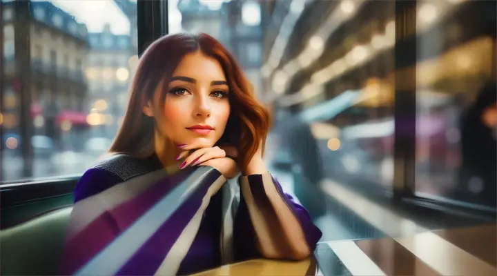 A beautiful woman by a rain-streaked window in a Parisian café, overlooking a cityscape