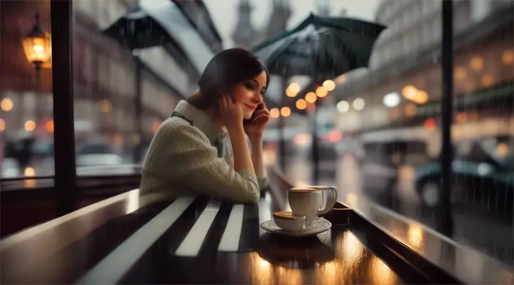 A beautiful woman by a rain-streaked window in a Parisian café, overlooking a cityscape