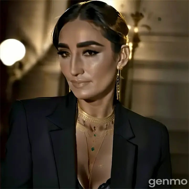 a woman wearing a black jacket and gold jewelry 