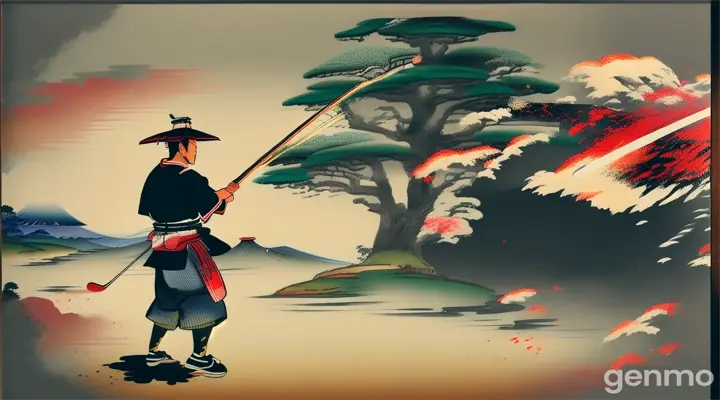 A samurai wearing a hat is playing golf, with an explosion scene behind him, ink painting style