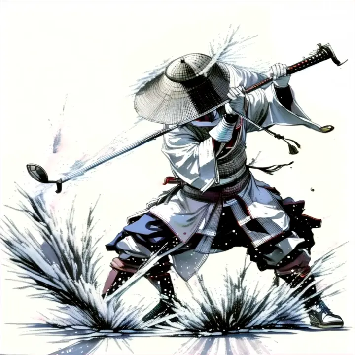 A samurai wearing a hat is playing golf, with an explosion scene behind him, ink painting style