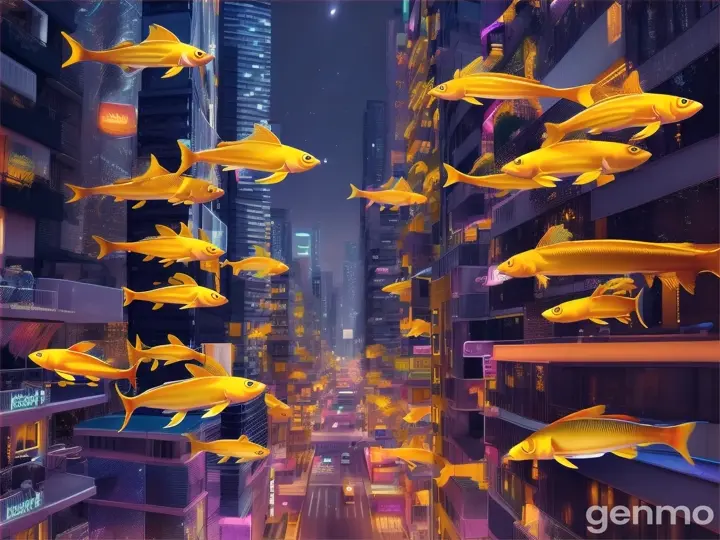 Yellow fish swim in the air between two residential buildings. Night, street lights are on