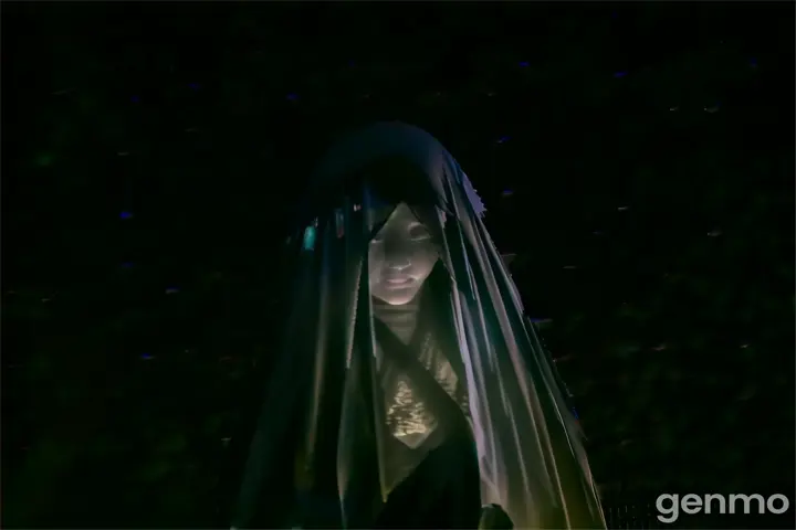 a ghostly woman wearing a veil in the dark