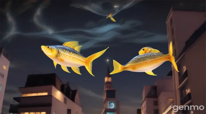 Two yellow fish swim in the air between two residential buildings. Night, street lights are on