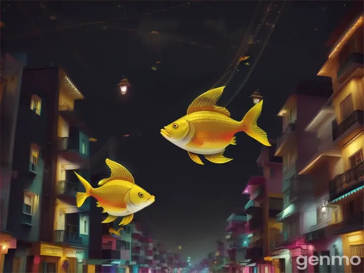 Two yellow fishes swim in the air between two residential buildings. Night, street lights are on