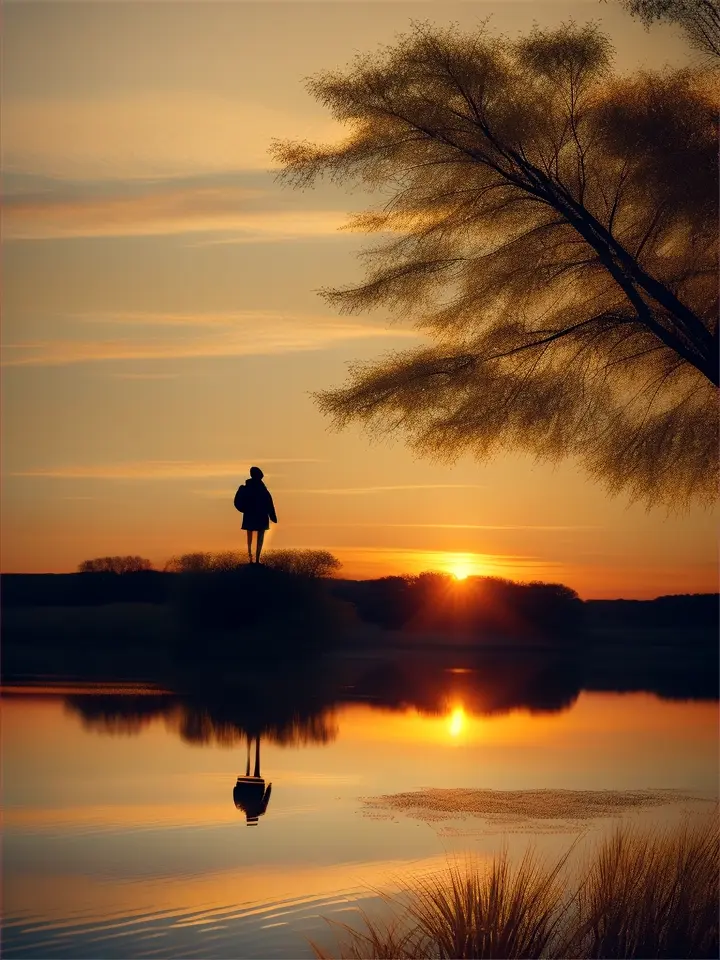 At the edge of a tranquil lake, a lone figure stands upon the shore, their silhouette outlined against the setting sun as its golden rays dance upon the rippling water, casting a warm glow upon the landscape., advertising style