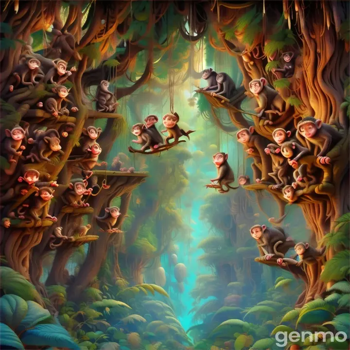 a group of monkeys hanging from a tree in a jungle