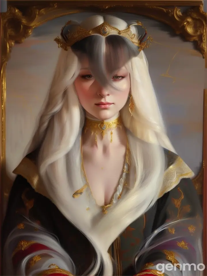 a painting of a woman with long white hair