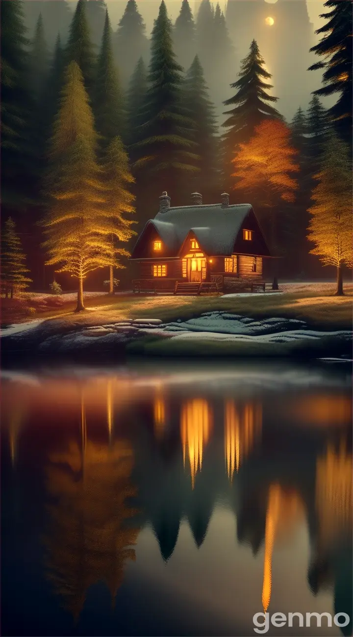 Cozy Cottage by a Moonlit Lake: A warm, inviting cottage nestled by a serene lake, bathed in soft moonlight