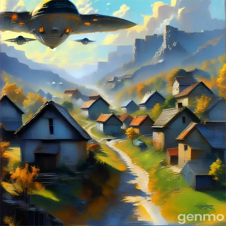 a painting of an alien flying over a village