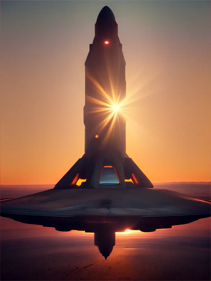  a rocket ship stands ready on a launch pad, bathed in the crisp, vibrant light of an 8k hdr sunrise, advertising style