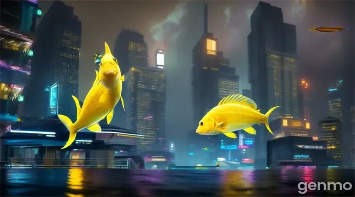 Two yellow fishes are swimming in the air between two high buildings over the street with cars. Night, street lights are burning, the moon is shining and the stars are shining. It is raining